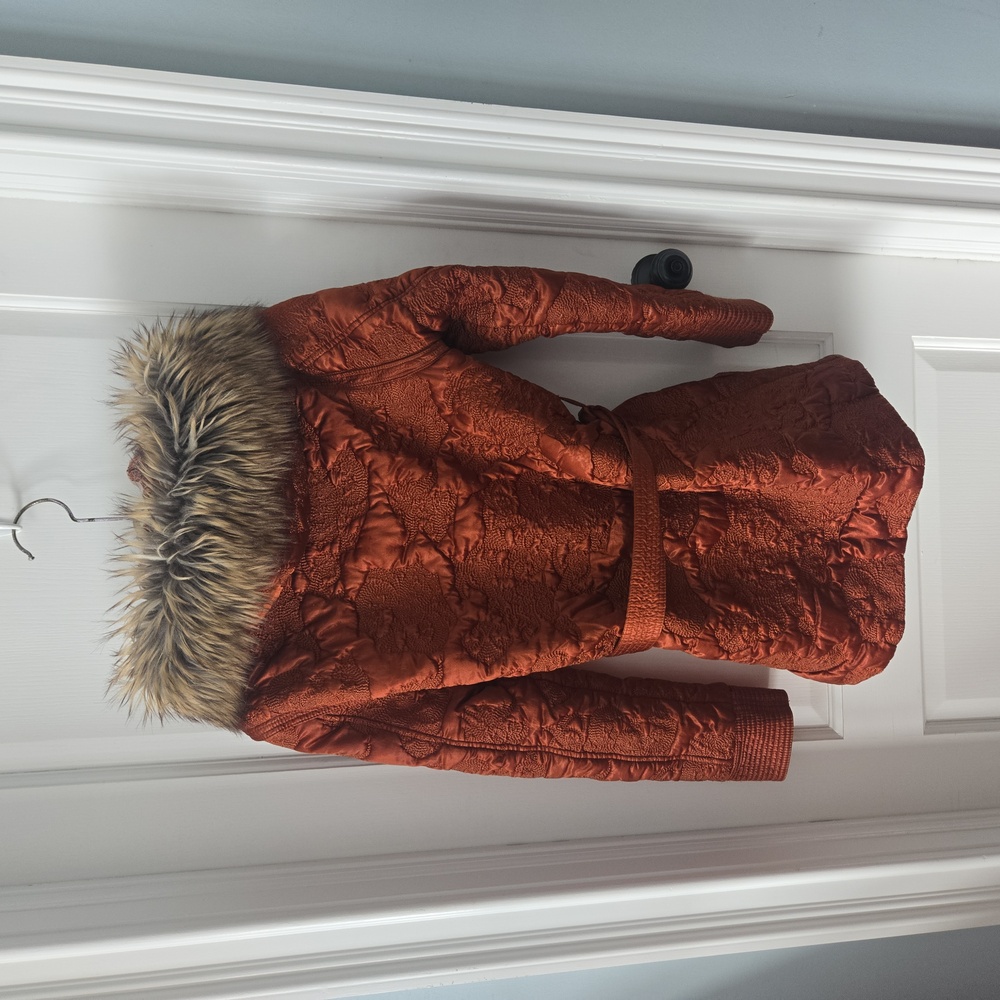 Free People Rust Quilted Winter Coat Jacket Fur Trimmed Hood - Picture 5 of 6